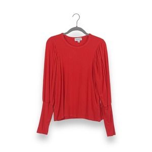 Evereve Red Ribbed Knit Ruched Shoulder Long Sleeve Top Shirt